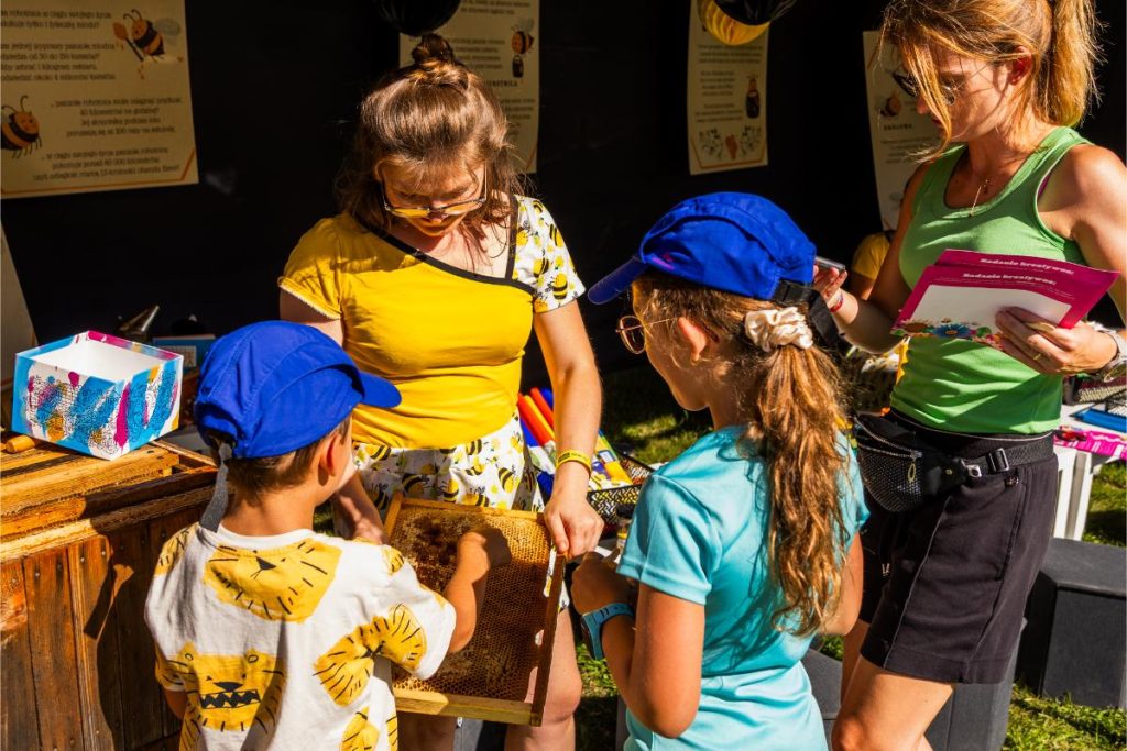 Edukacyjne stoisko o pszczołach i ich ochronie podczas pikniku dla rodzin